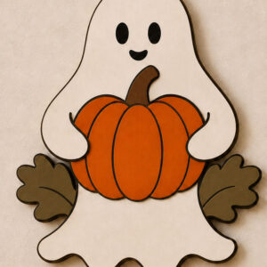 Ghost Holding Pumpkin Door Hanger Laser Cut Design | Halloween SVG | Layered Wood Door Decor